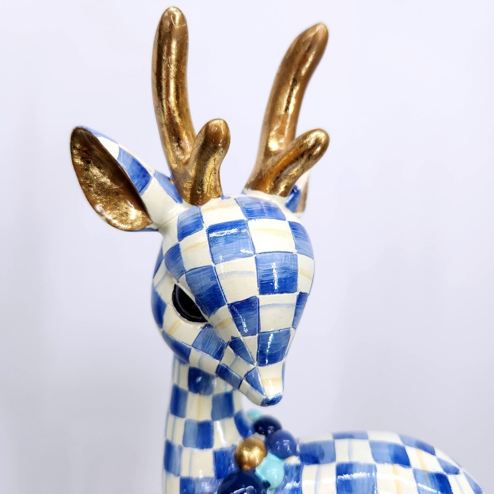 Mackenzie-Childs Royal Check Deary Deer on Ornament - Gold Antlers Holiday 16" - Picture 4 of 16